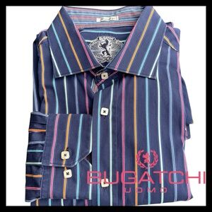 Bugatchi Navy Multicolor Striped Shaped Fit Cotton Button Up Shirt (XL)